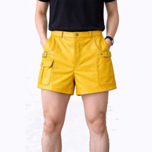 Men’s Yellow Leather Cargo Shorts with Side Buckle Straps and Flap Pocket