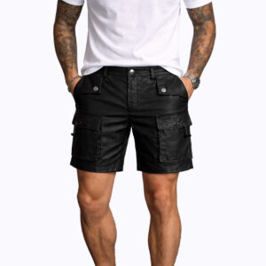 Men’s Black Leather Cargo Shorts with Multiple Utility Pockets