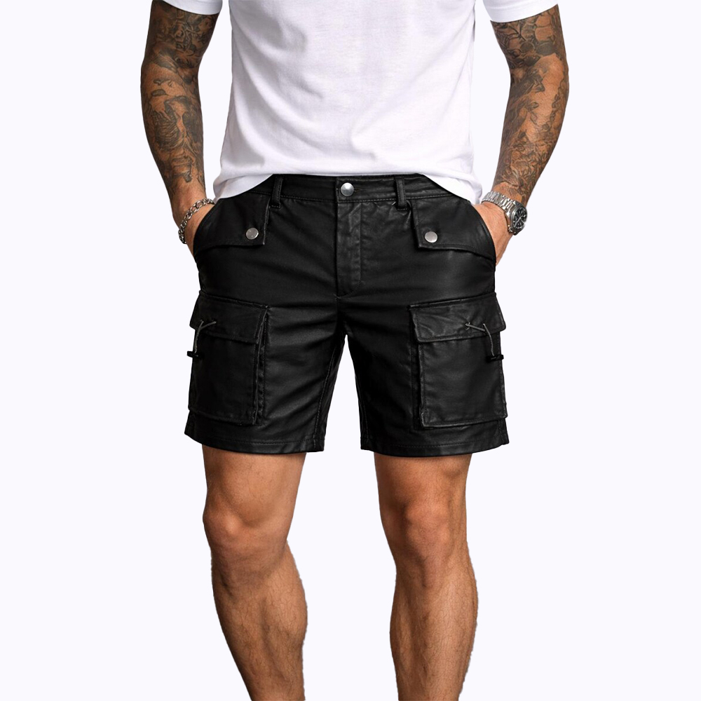 Men’s Black Leather Cargo Shorts with Multiple Utility Pockets