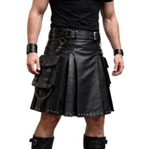 Men Real Leather Kilt – Black Brown Utility Leather Skirt with Pockets