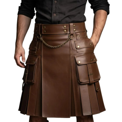 Men's Brown Leather Warrior Kilt - Viking Gladiator LARP Kilt