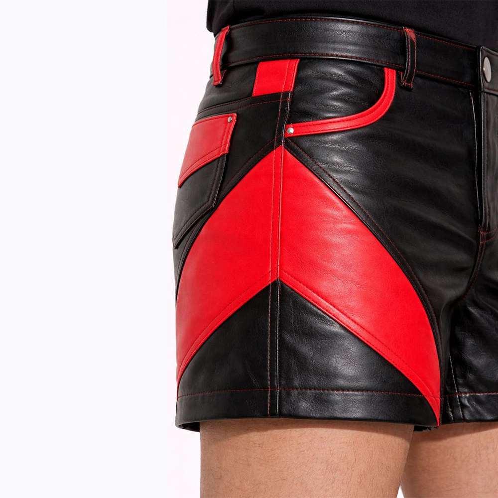Handmade Red and Black Leather Shorts for Men - Image 3