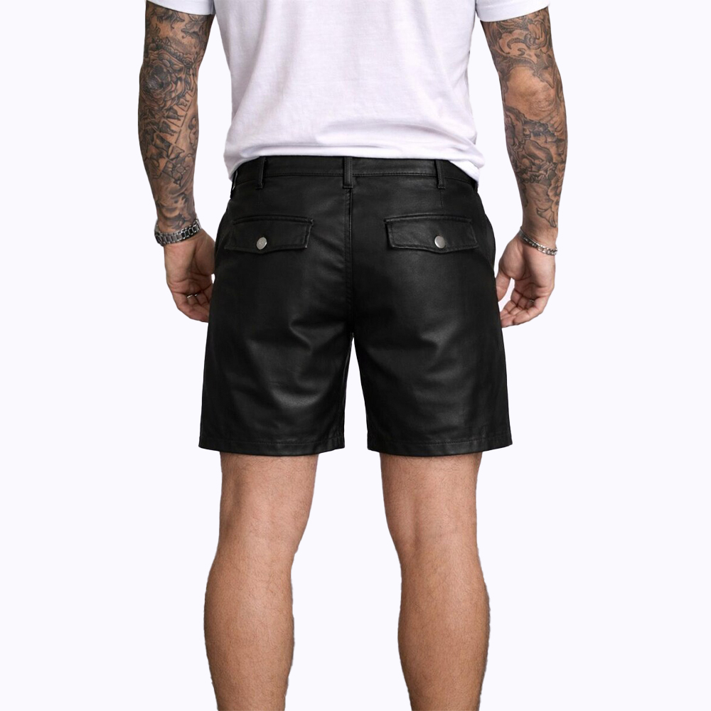 Black Leather Cargo Shorts - ( Slim Fit Design with Multi-Pockets ) - Image 2