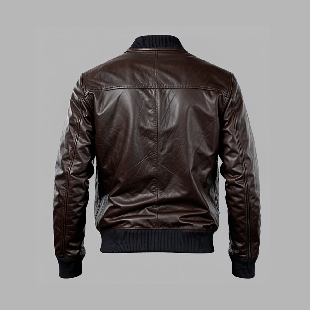 Brown Leather Bomber for Men – Classic Zip Jacket - Image 2