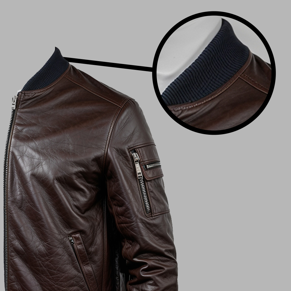 Brown Leather Bomber for Men – Classic Zip Jacket - Image 3
