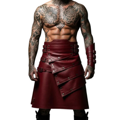 Handmade Red Leather Kilt for Men - Genuine Red Leather