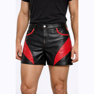 Handmade Red and Black Leather Shorts for Men with Contrast Panels