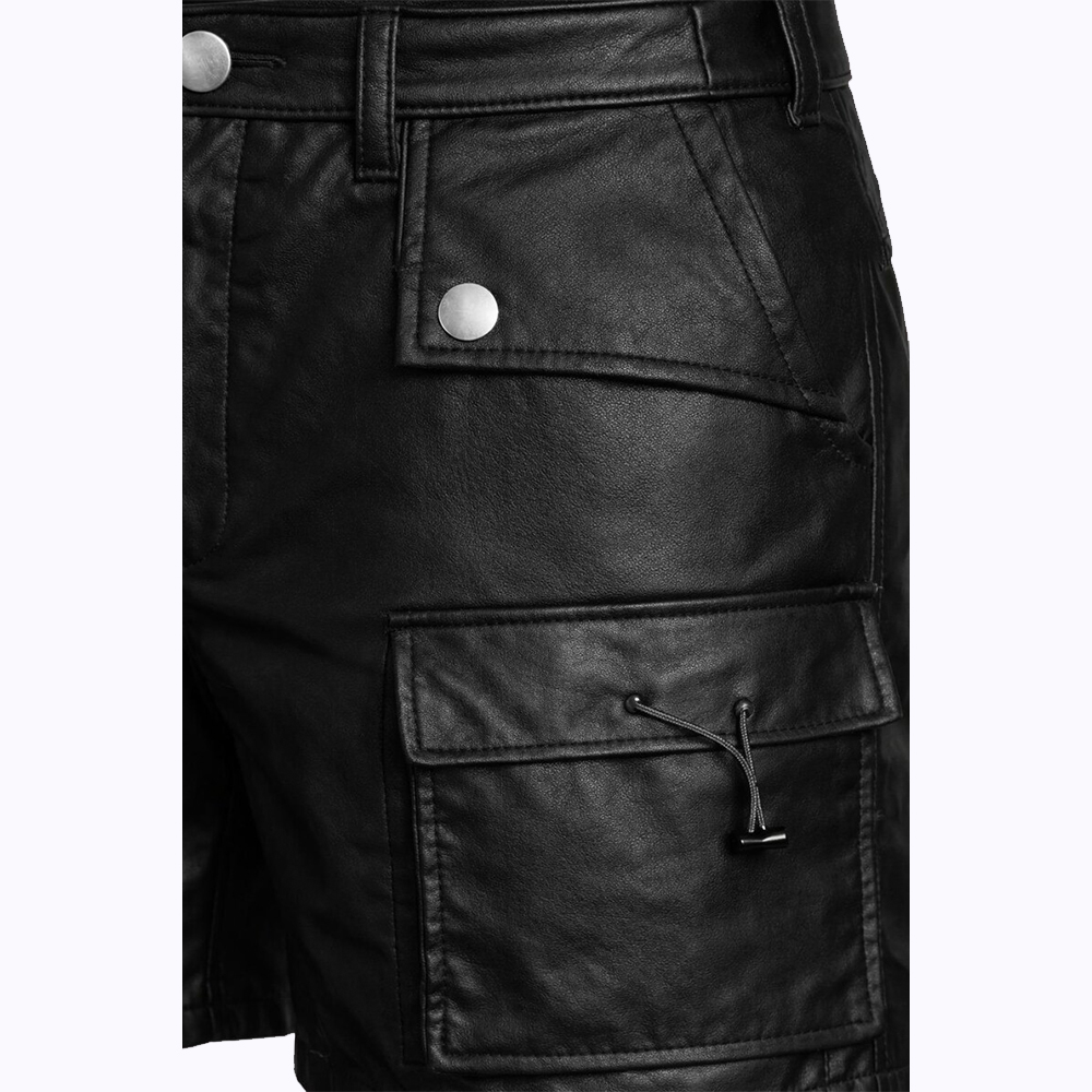 Black Leather Cargo Shorts - ( Slim Fit Design with Multi-Pockets ) - Image 3