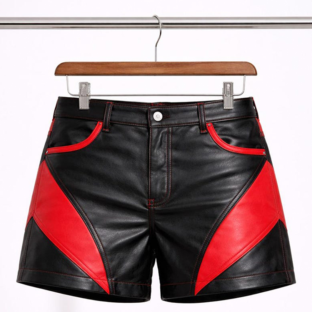 Handmade Red and Black Leather Shorts for Men - Image 4