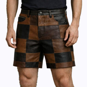 Men’s Patchwork Leather Shorts with Contrast Panel Design