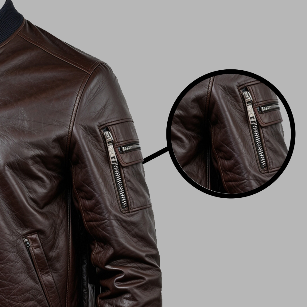 Brown Leather Bomber for Men – Classic Zip Jacket - Image 4