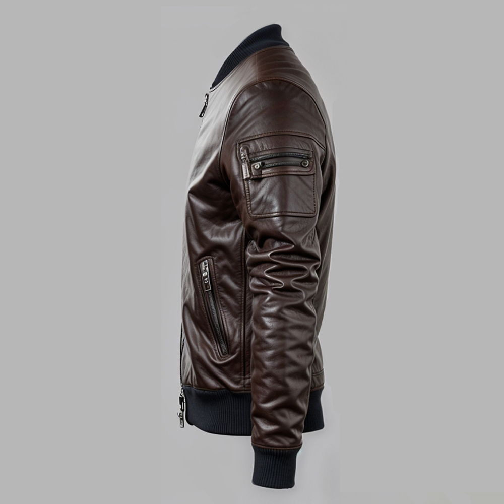 Brown Leather Bomber for Men – Classic Zip Jacket - Image 5