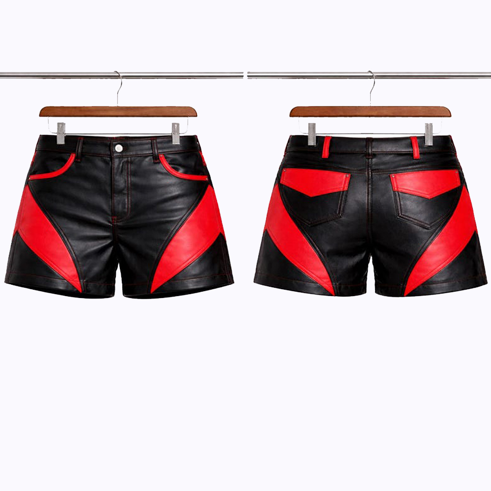 Handmade Red and Black Leather Shorts for Men - Image 5