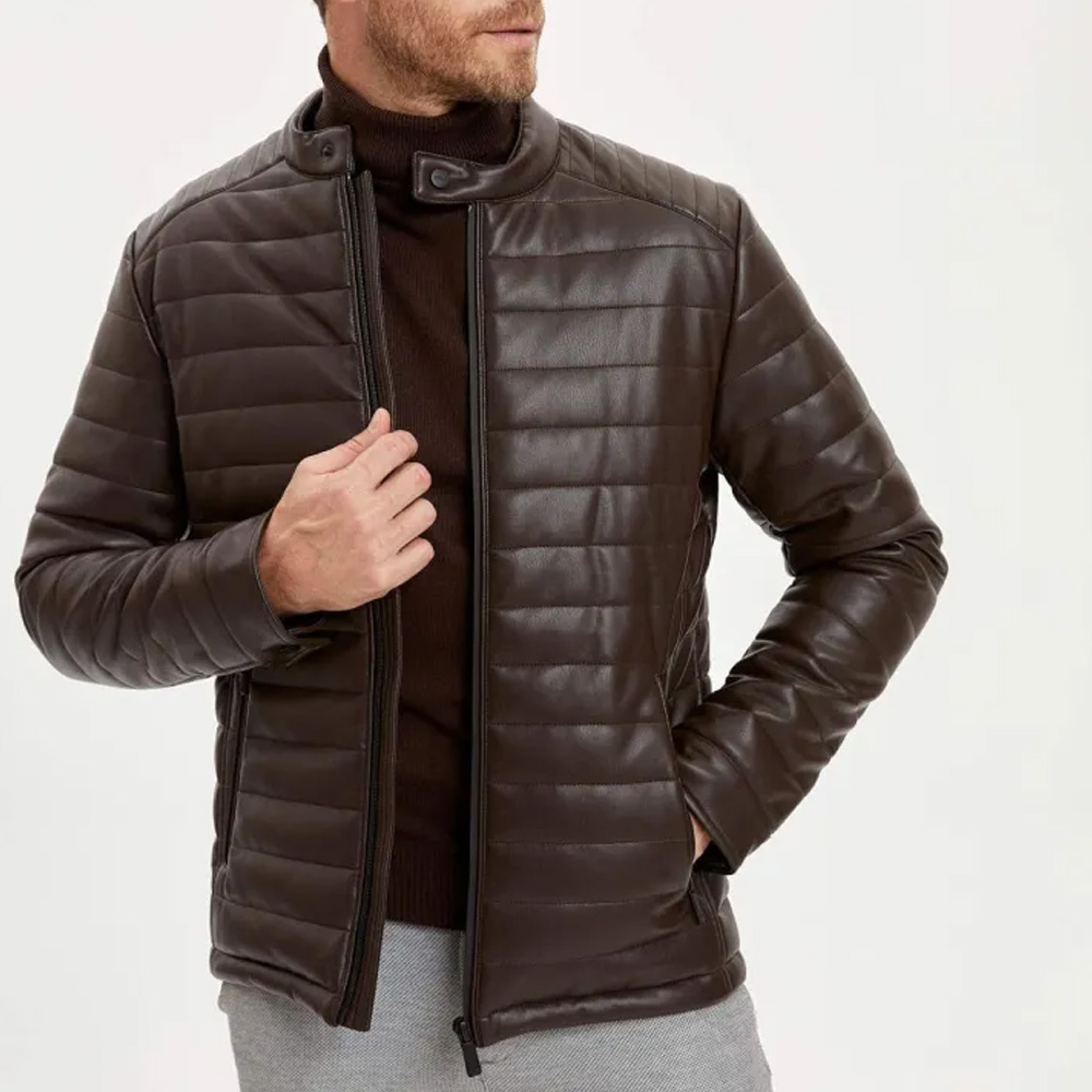 Men’s Brown Leather Puffer Style Jacket – Quilted Slim Biker Look