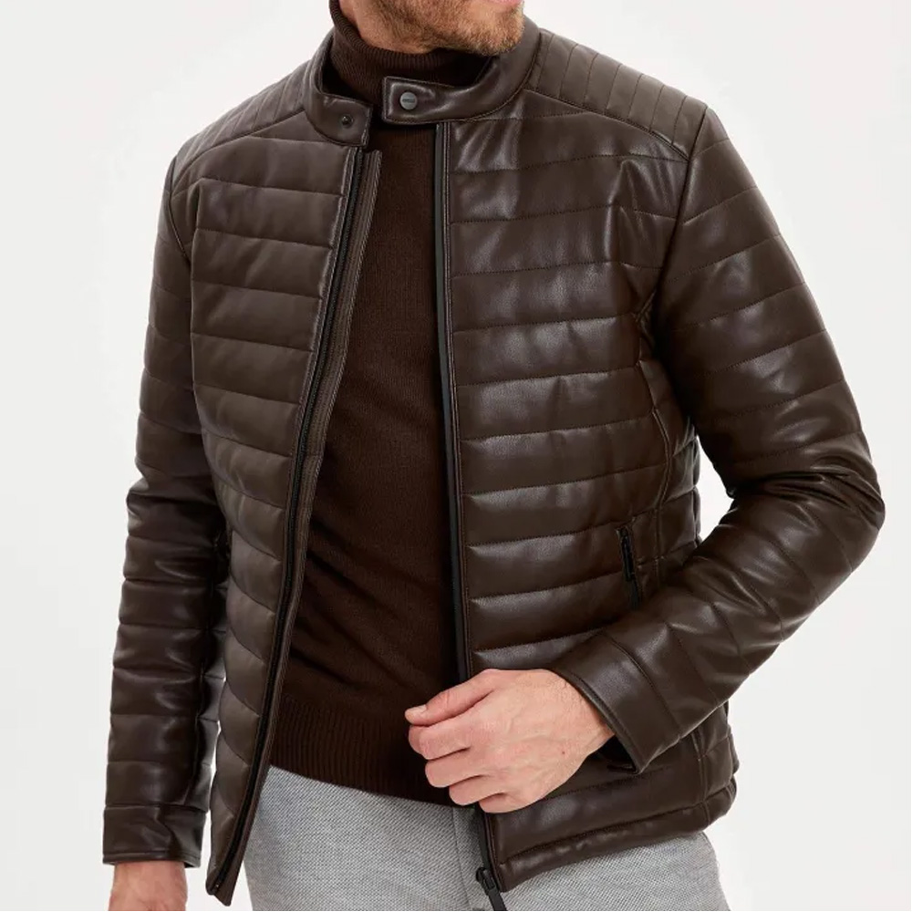 Men’s Brown Leather Puffer Style Jacket – Quilted Slim Biker Look - Image 2