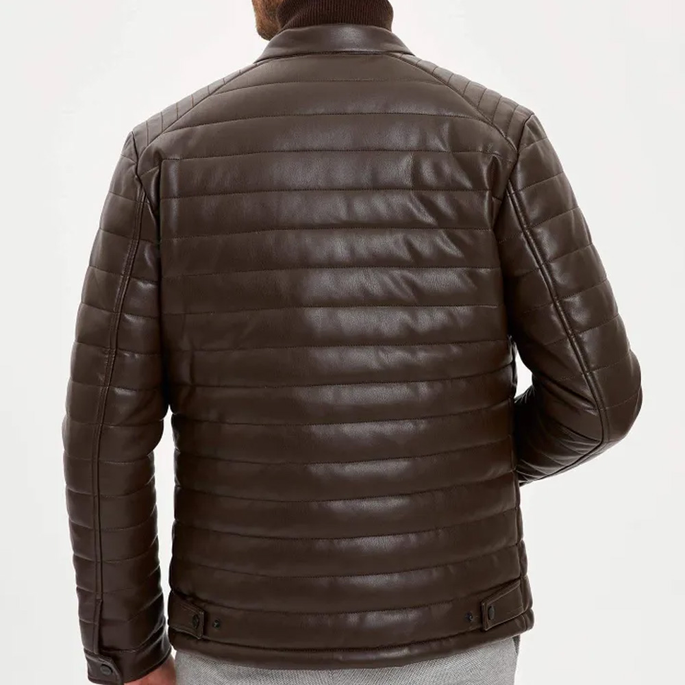 Men’s Brown Leather Puffer Style Jacket – Quilted Slim Biker Look - Image 3