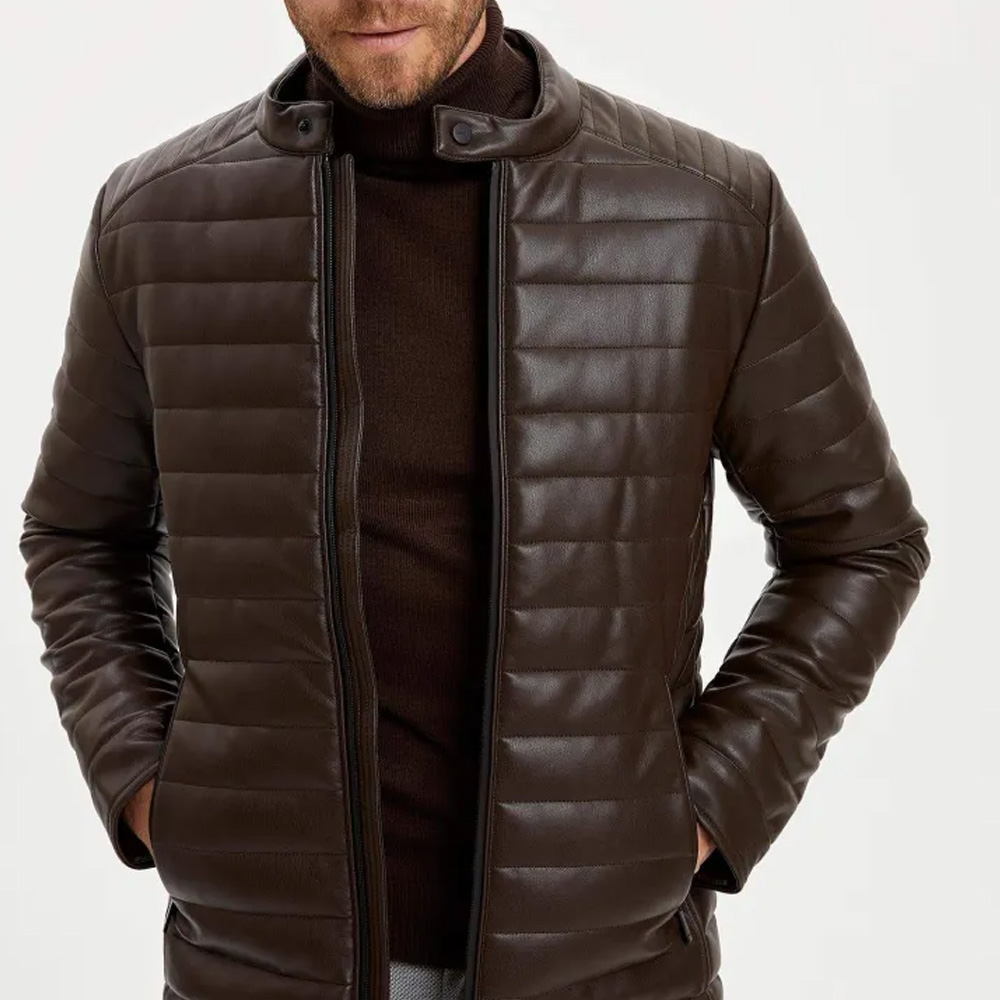 Men’s Brown Leather Puffer Style Jacket – Quilted Slim Biker Look - Image 4