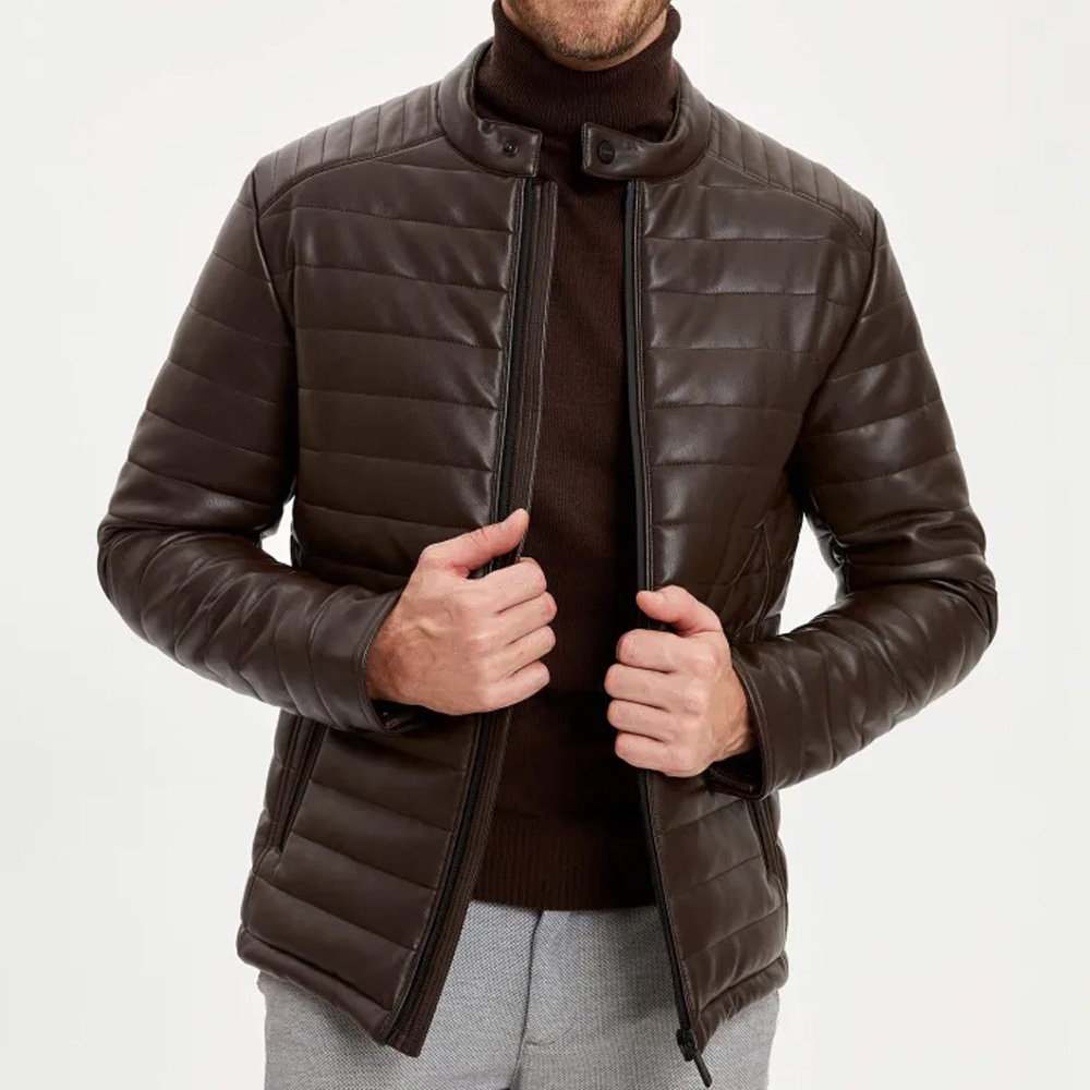 Men’s Brown Leather Puffer Style Jacket – Quilted Slim Biker Look - Image 5