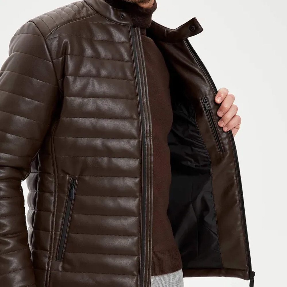 Men’s Brown Leather Puffer Style Jacket – Quilted Slim Biker Look - Image 6