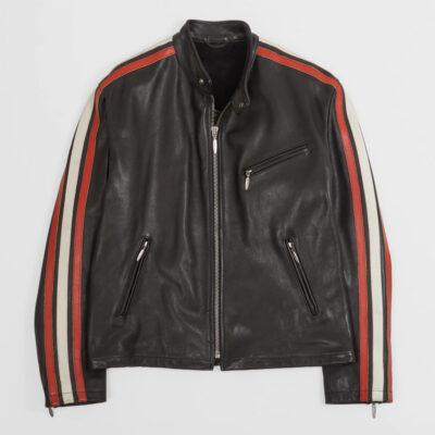 Men’s Leather Cafe Racer Jacket – Racing Stripe Biker