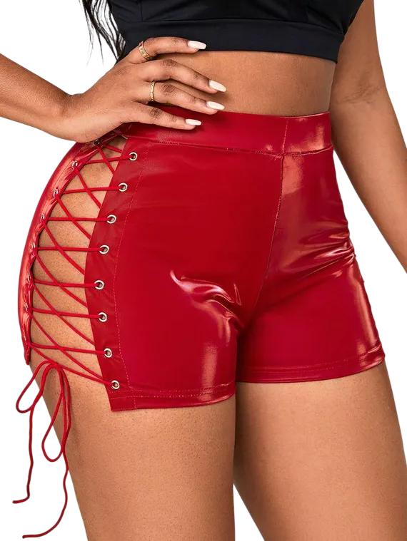 Sexy Red Real Leather Lace-Up Shorts for Women - High Waisted Side Criss-Cross Cutout Clubwear Booty Shorts - Image 3