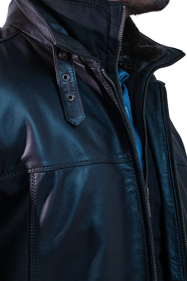 Men’s Dual-Collar Black Leather Jacket with Fur Collar - Image 2