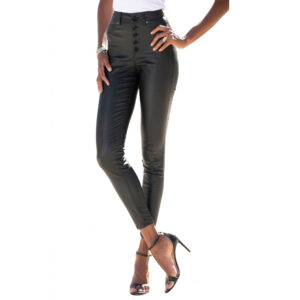 Women wearing black high waisted cowskin leather skinny pants with button fly closure