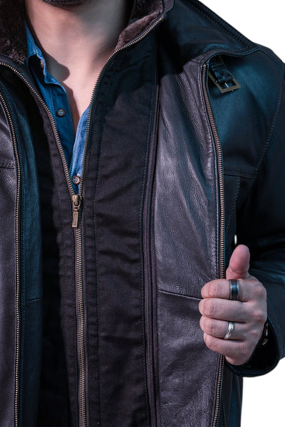 Men’s Dual-Collar Black Leather Jacket with Fur Collar - Image 3