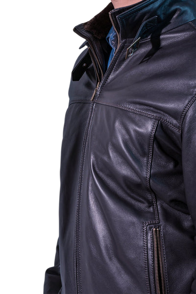 Men’s Dual-Collar Black Leather Jacket with Fur Collar - Image 4