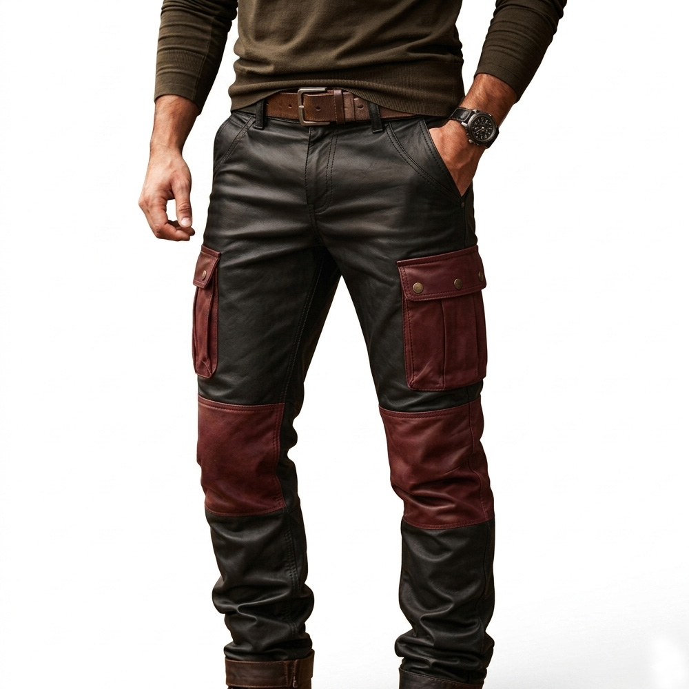 Front view of a man wearing handmade black and red leather cargo pants for bikers on an isolated white background.
