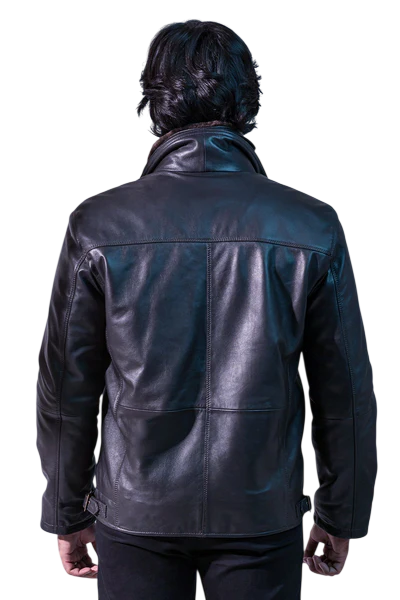 Men’s Dual-Collar Black Leather Jacket with Fur Collar - Image 5