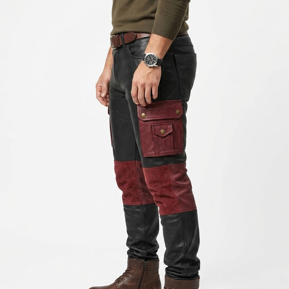 Handmade Black and Red Leather Cargo Pants for Bikers - Image 4
