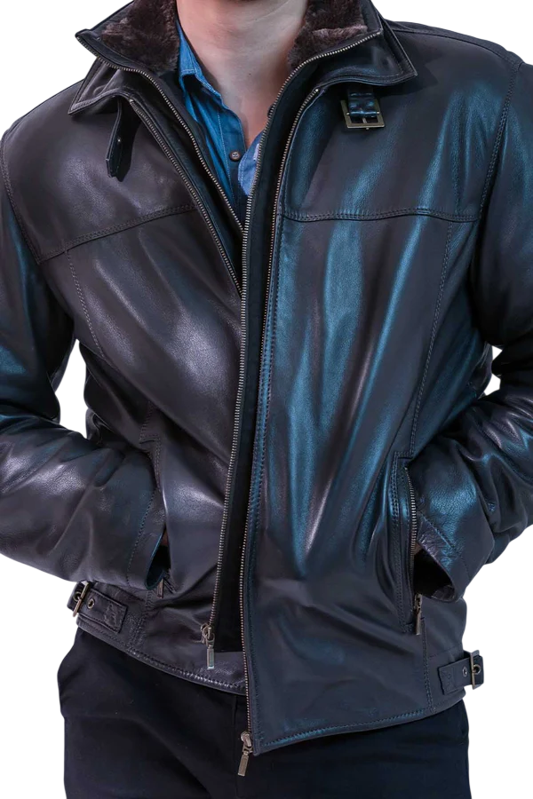 Men’s Dual-Collar Black Leather Jacket with fur collar