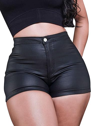 Front view of a woman wearing slim-fit high-waisted black genuine cowskin leather shorts with a button closure.