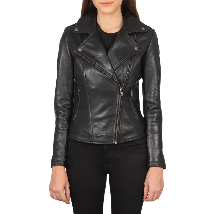 A woman wearing a premium black real leather double-rider motorcycle biker jacket, front view.