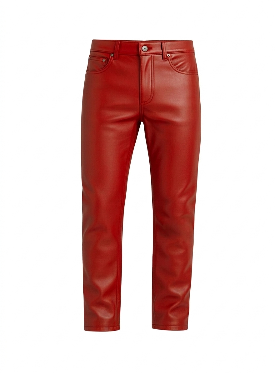 Premium men's red cowskin leather pants in a slim-fit design with a five-pocket layout displayed against a white studio background.
