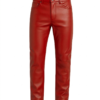 Front view of premium men's red genuine cowskin leather pants with a classic five-pocket design on a clean white background.