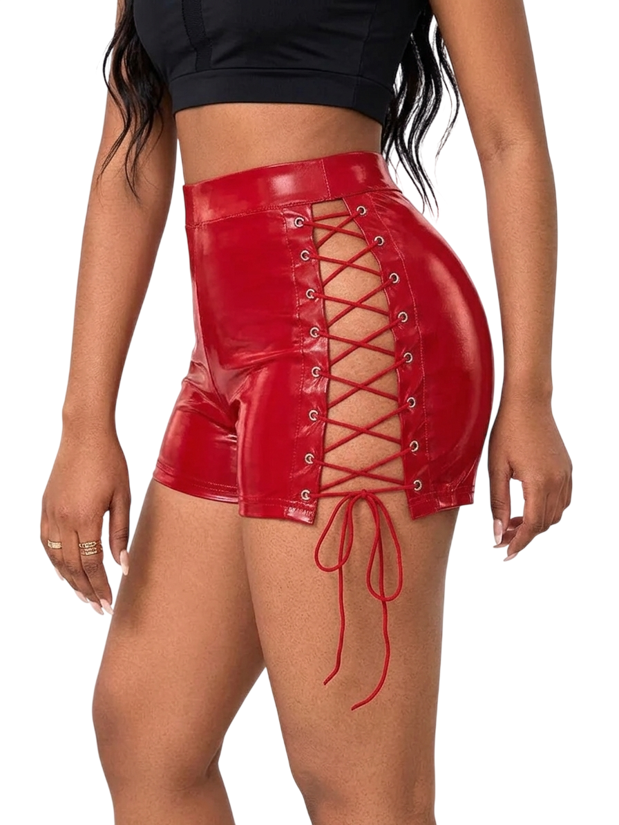 Sexy Red Real Leather Lace-Up Shorts for Women - High Waisted Side Criss-Cross Cutout Clubwear Booty Shorts - Image 4