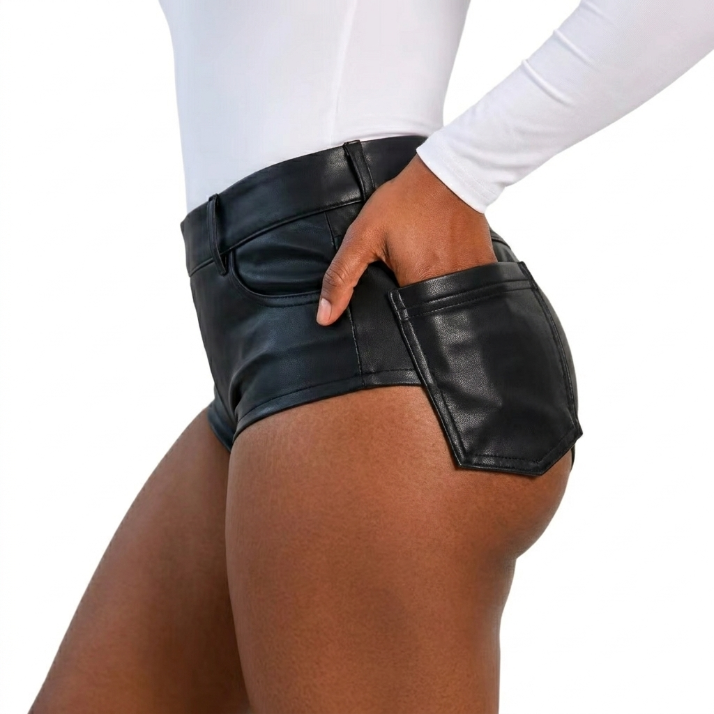 Women's Black Real Leather High Waisted Booty Shorts with Pockets - Image 2
