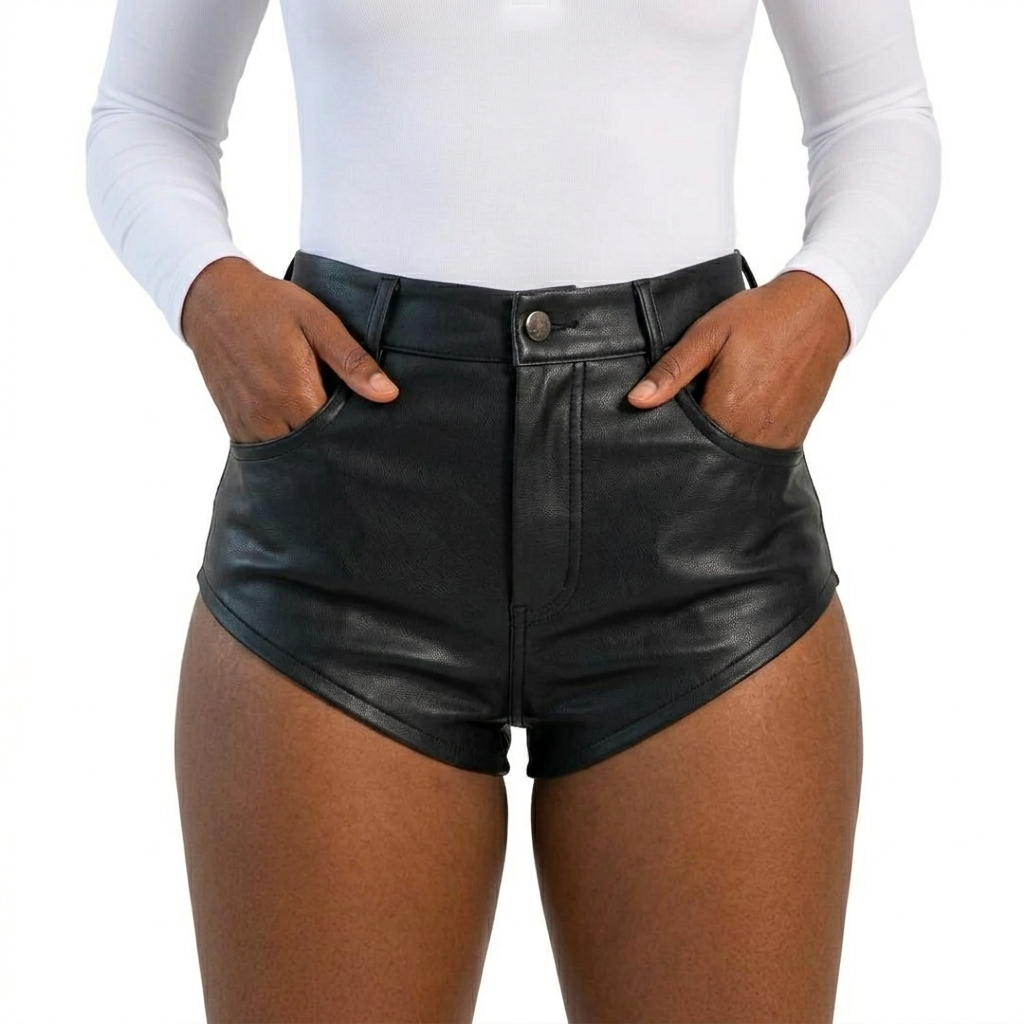 Women's Black Real Leather High Waisted Booty Shorts with Pockets - Image 3