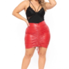 A model wearing a vibrant red ruched real leather mini skirt with an adjustable drawstring on a white background.