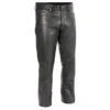 Front view of men's genuine black cowskin leather motorcycle pants on a white background