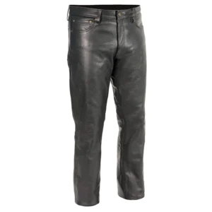 Front view of men's genuine black cowskin leather motorcycle pants on a white background