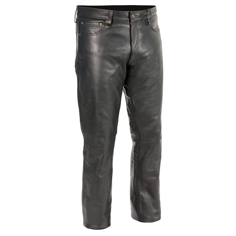 Front view of men's genuine black cowskin leather motorcycle pants on a white background