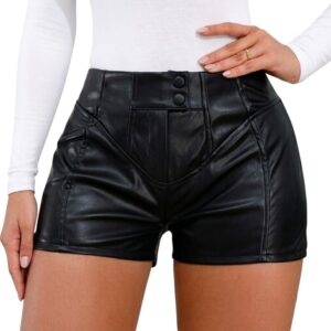 Essential high-waisted real leather shorts in a studio setting.