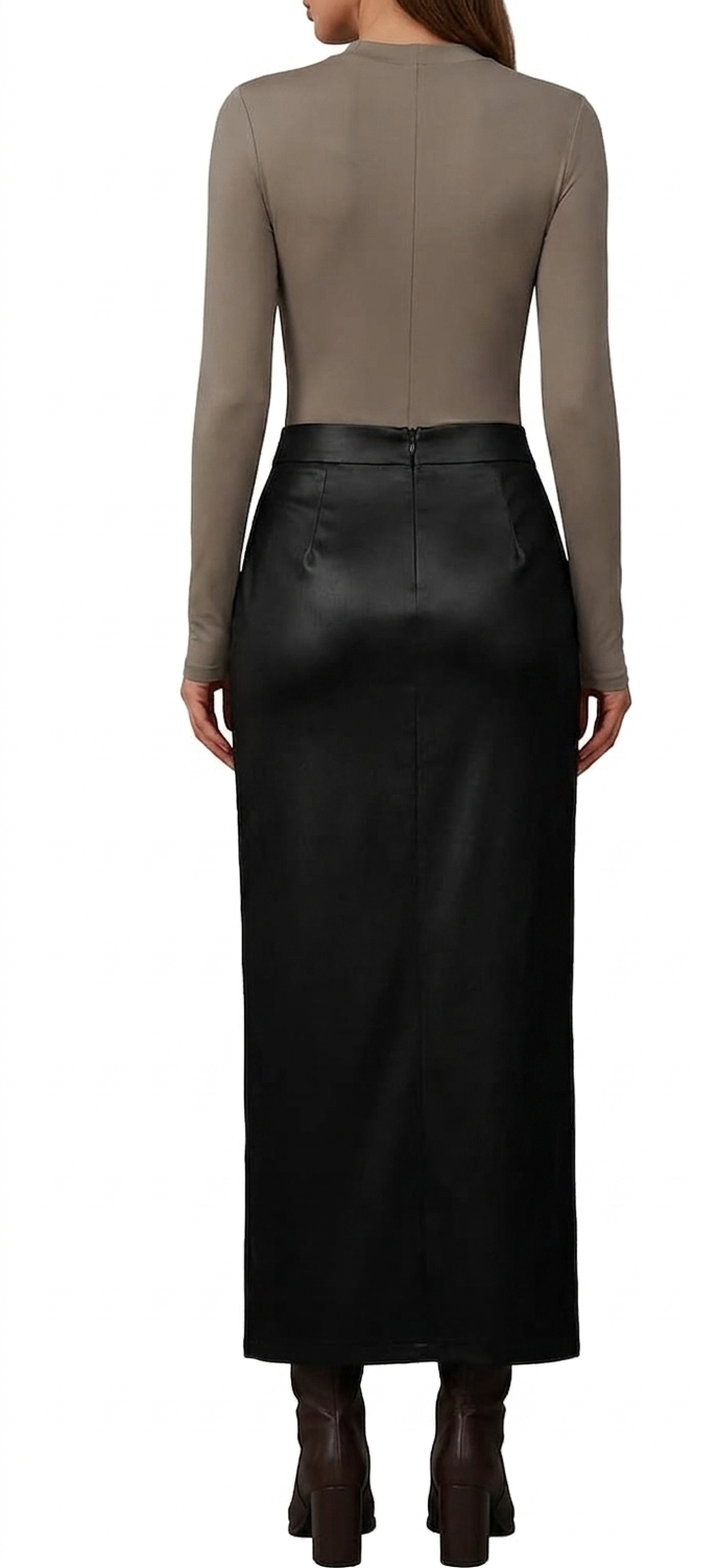Qaswa Genuine Leather High Waisted Maxi Skirt with Side Slit - Image 2