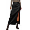 Front view of a model wearing a Qaswa black genuine high waisted leather maxi skirt with a high side slit, paired with dark brown boots.