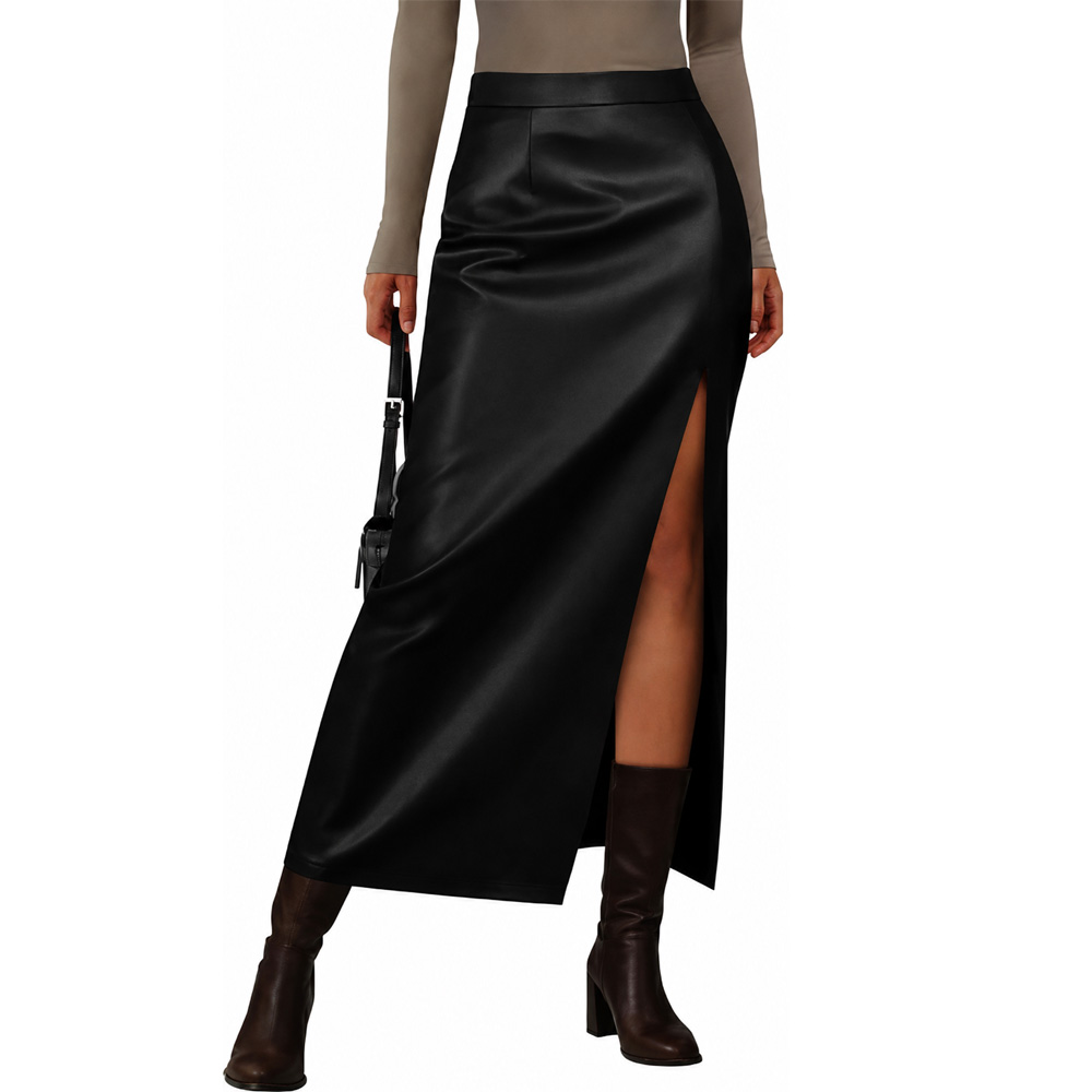 Front view of a model wearing a Qaswa black genuine high waisted leather maxi skirt with a high side slit, paired with dark brown boots.