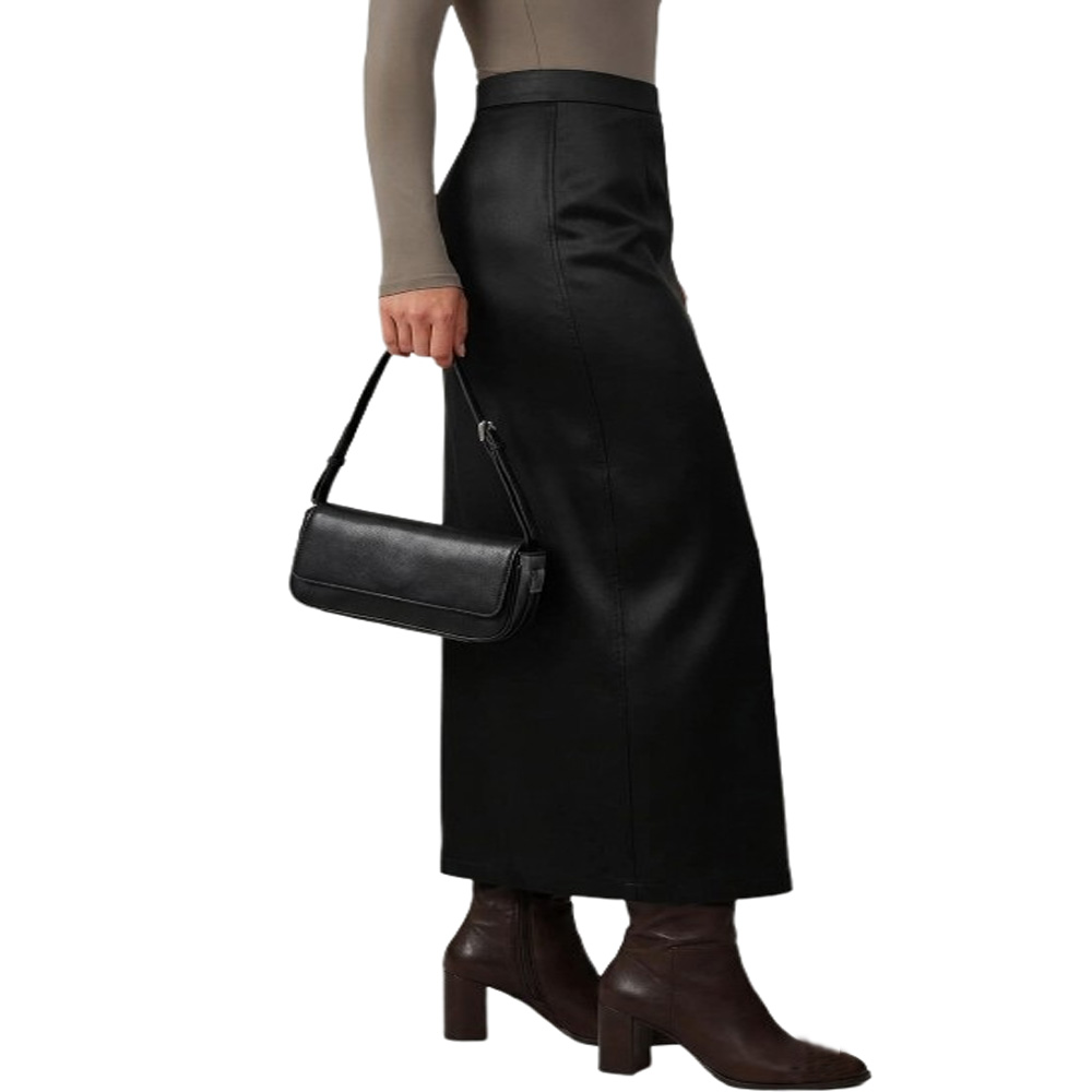 Qaswa Genuine Leather High Waisted Maxi Skirt with Side Slit - Image 4