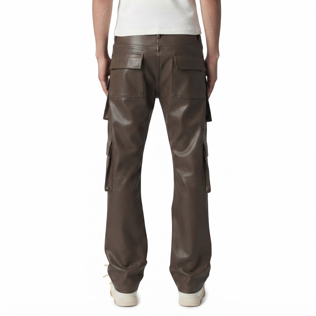 Men's Real Leather Cargo Pants in Dark Brown - Image 3